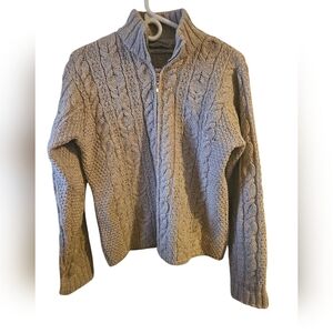 Aran Crafts sz large merino wool cable knit zip up cardigan sweater tan